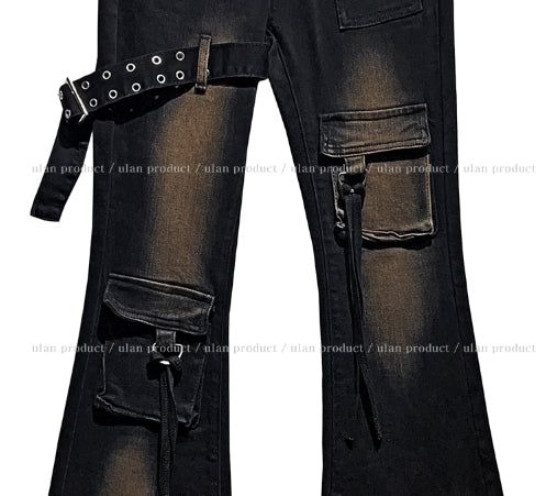 Boldy Eyelet Belted Bootcut Denim Pants