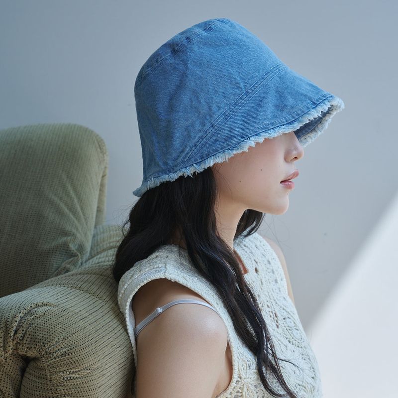 Frayed Hem Moon Bucket Hat (Light Blue Denim)