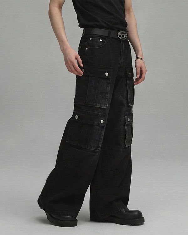 KIXI（キッシー）の「(UNISEX) Parachute Multi-Cargo Black Denim（Pants）」