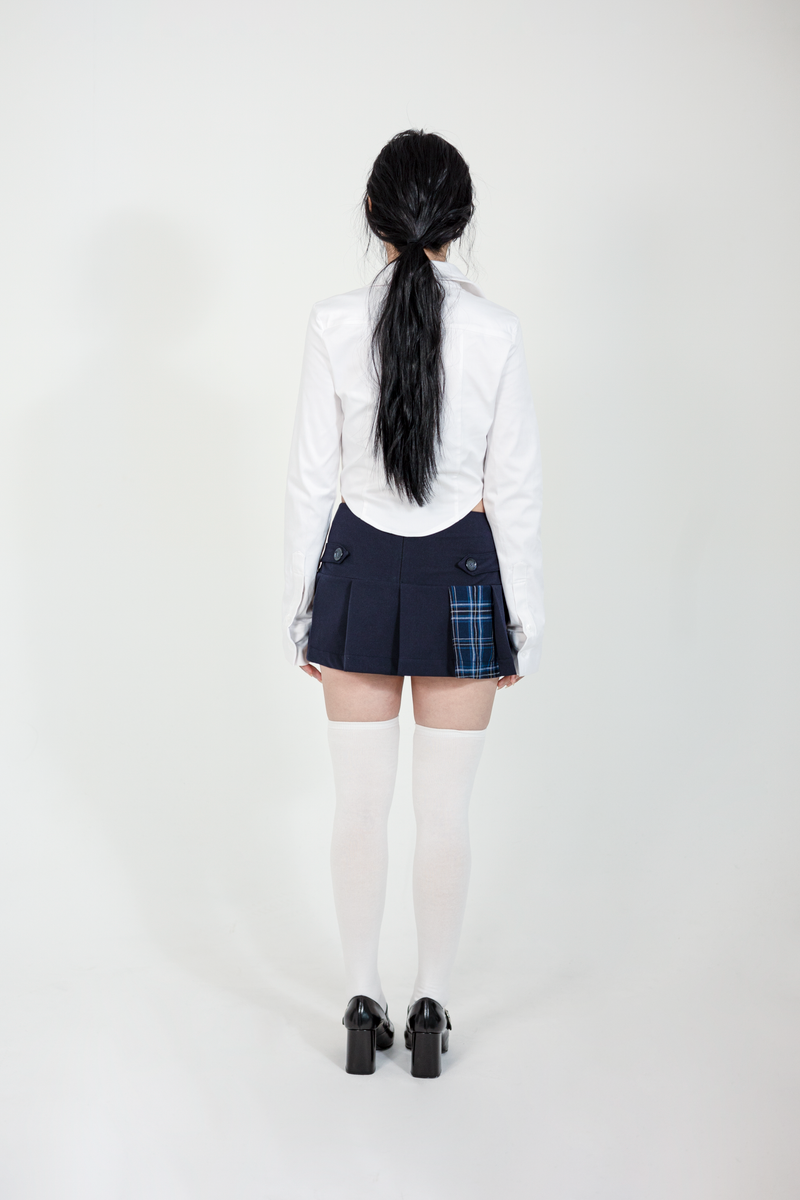 BELTED CHECK PLEATS SKIRT #NAVY