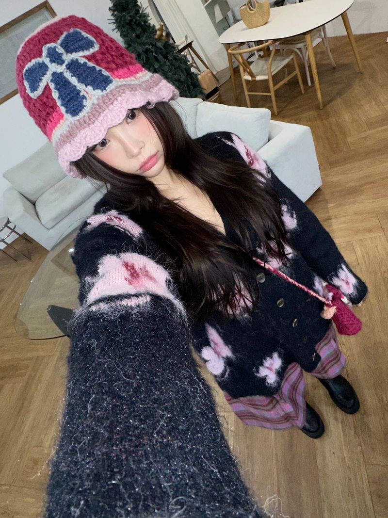 Hot Pink Knit Flower Bunk Hat & Bag Set 2