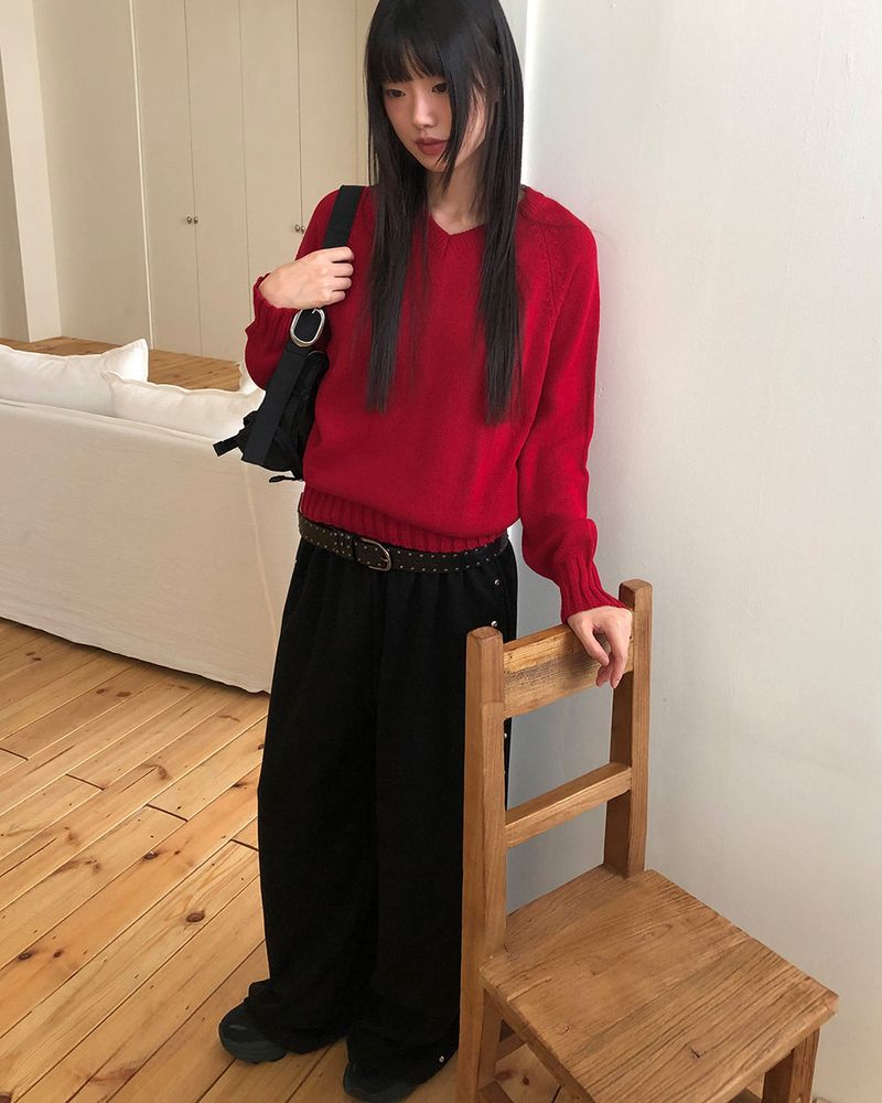Shus Basic V-neck Loose Fit Long Sleeve Knit