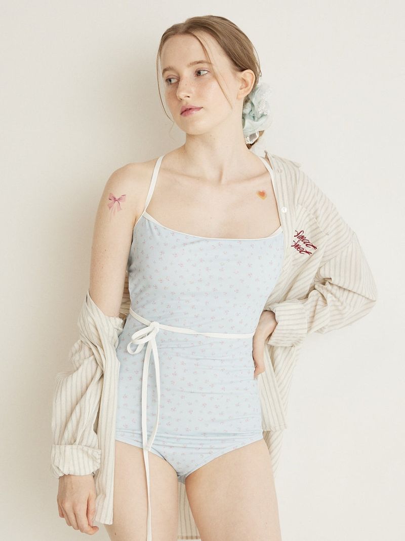 FLOWER STRING RIBBON MONOKINI - SKY BLUE
