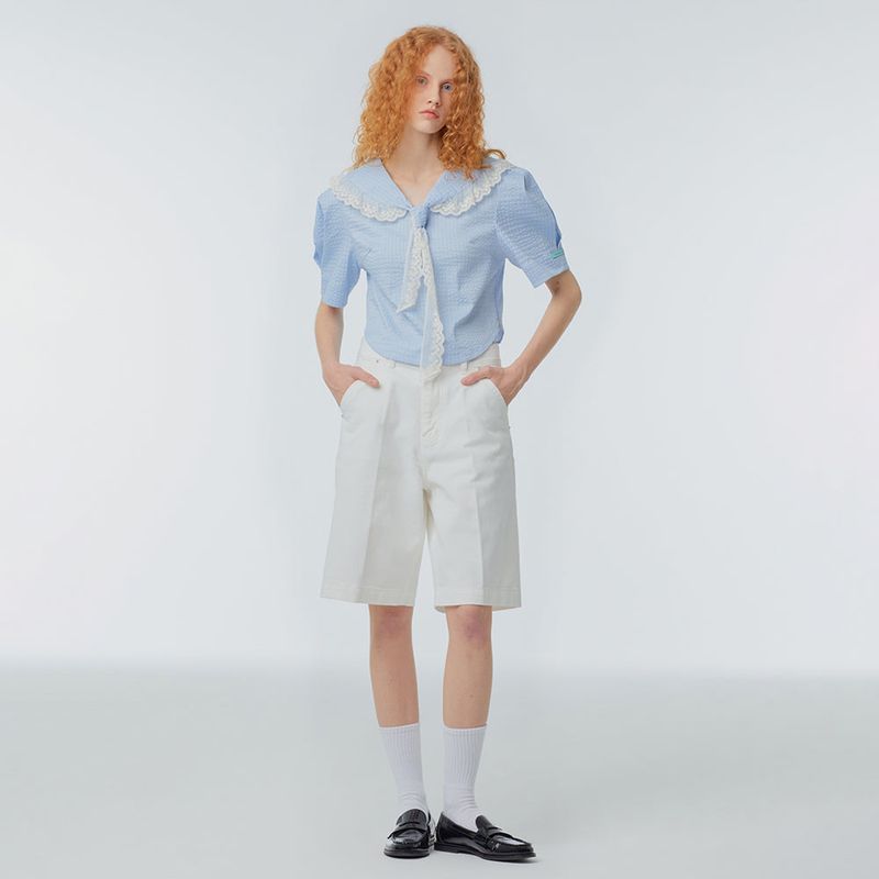 Sailor-collar puff-sleeve blouse