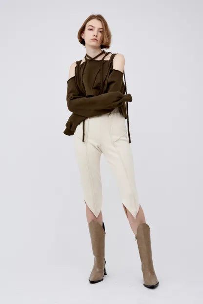 V Cut rib half pants