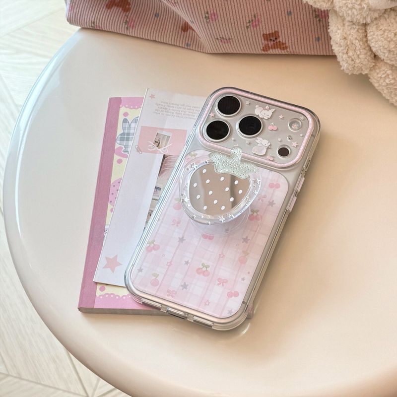 Pink Check Strawberry Mirror Magnetic iPhone Case