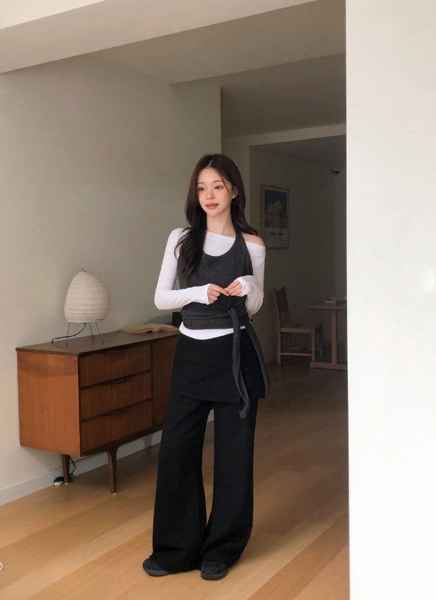 #Button Wrap Layered Skirt + Pants Set (2color)