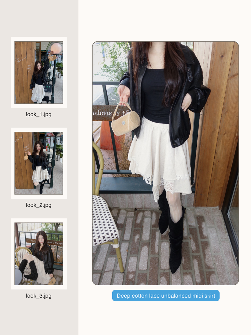 Deep cotton lace unbalanced midi skirt