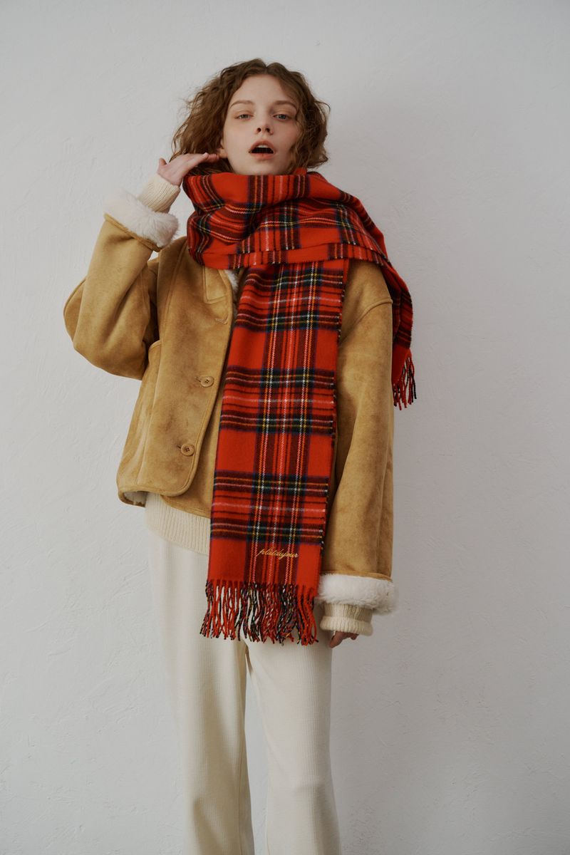 Fringe wool muffler (Red check)