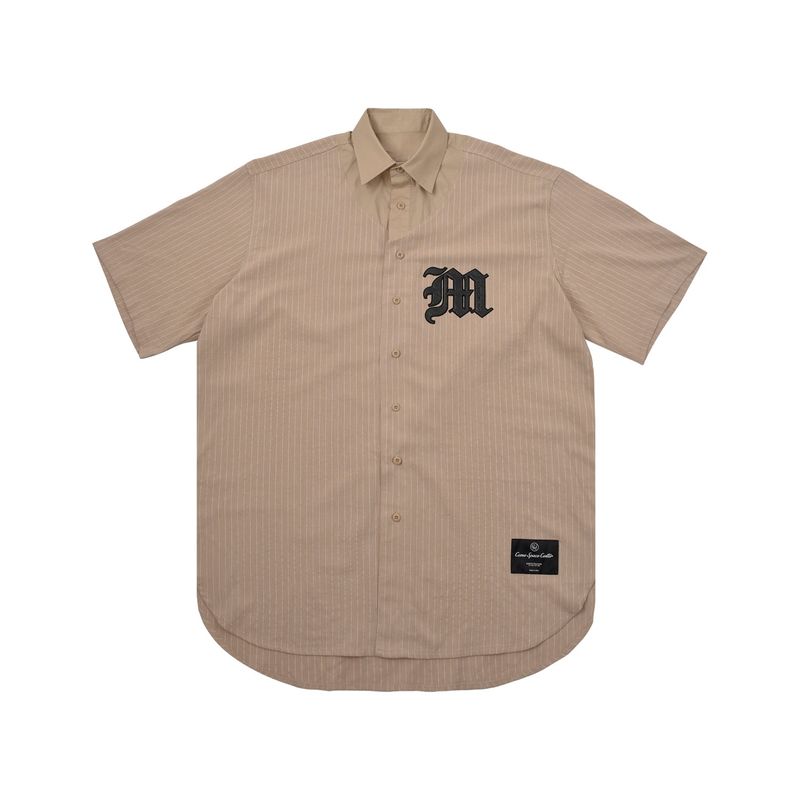 C.O.M.E（シーオーエムイー）の「[UNISEX] Logo Applique Linen-Blend Baseball Shirt (Camel)（Tops）」