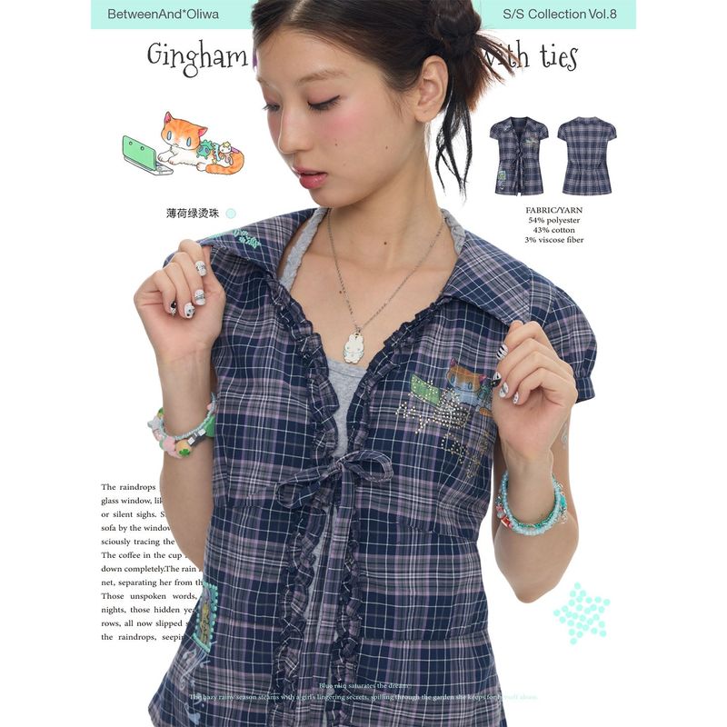 BETWEENANDxOliwa Summer Yamen Sparkle Diamond Collaboration Strapped Purple Plaid Short-Sleeve Shirt for Women