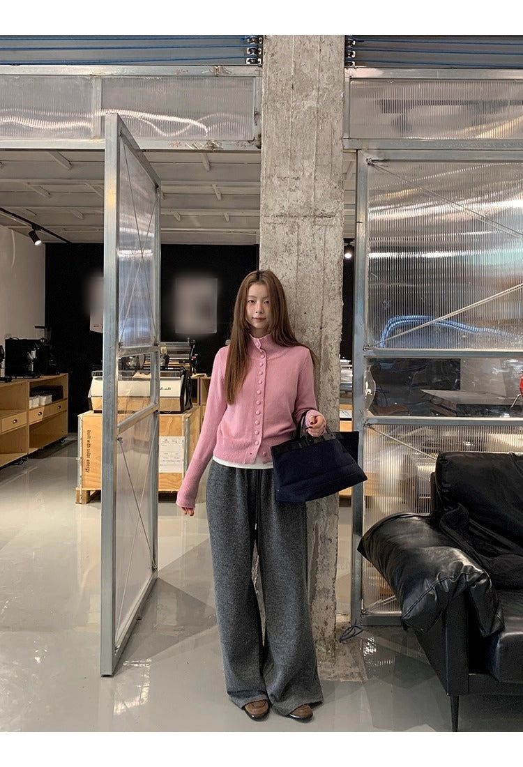 Pink button high-neck knit long-sleeved cardigan