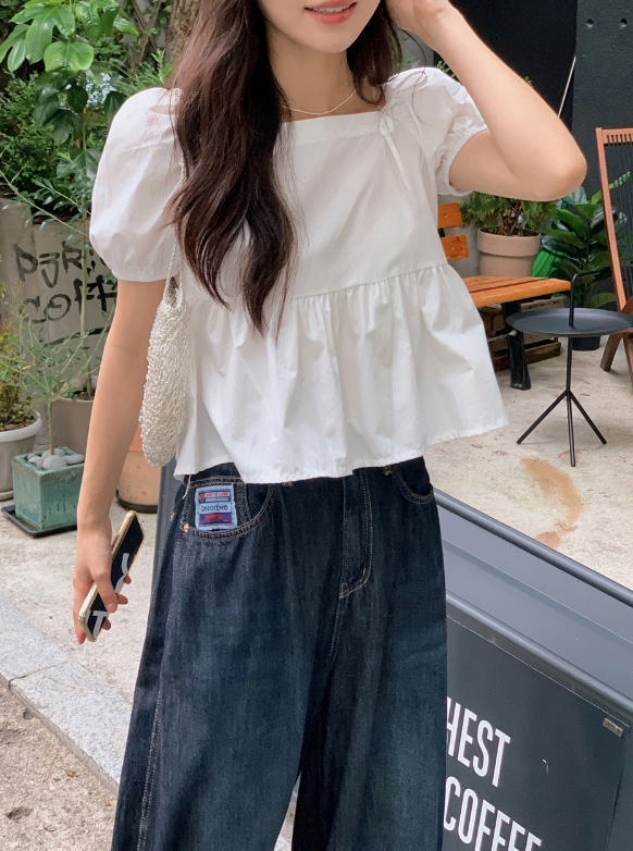 Square Puff Ribbon Short Sleeve Blouse (2color)