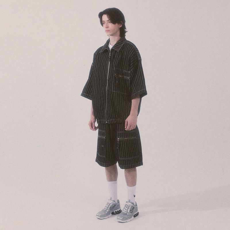 stripe denim shorts_black