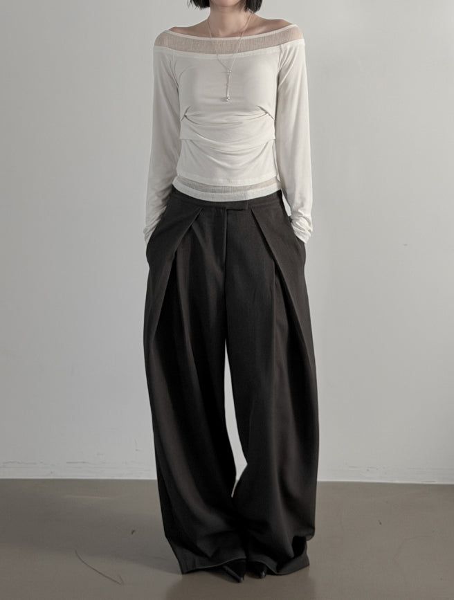 Ribbed Color Matching Layered Pintuck Boat Neck Tee