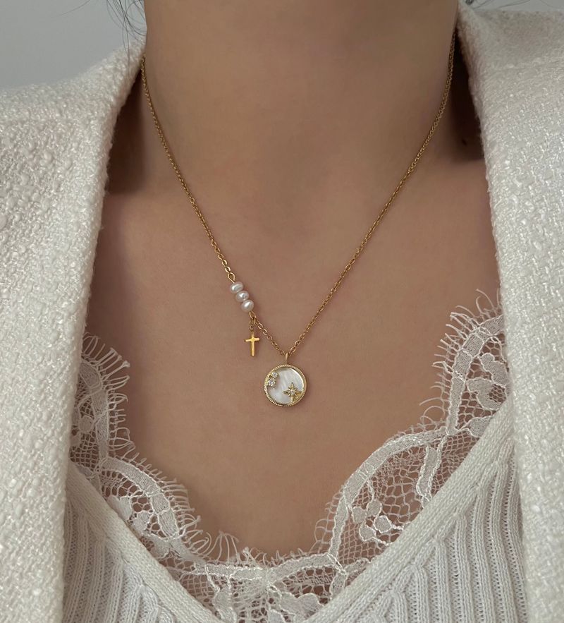 stv Moon Star Freshwater Pearl Stainless Steel Coin Layered Long Short Necklace