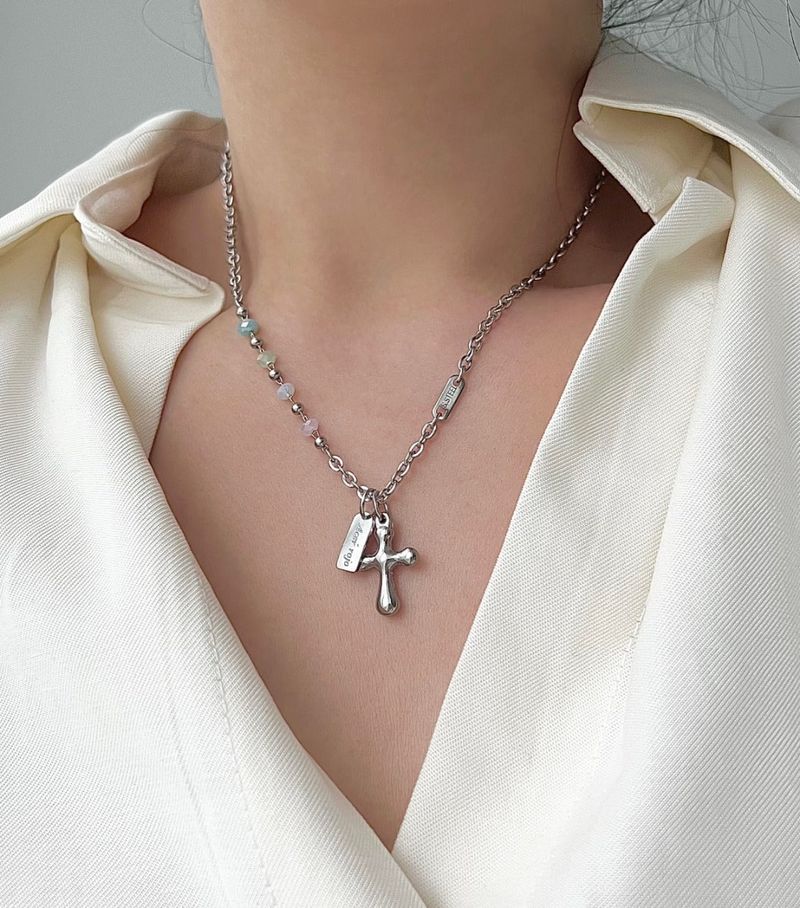 pit Pastel beads cross unique bold layered necklace