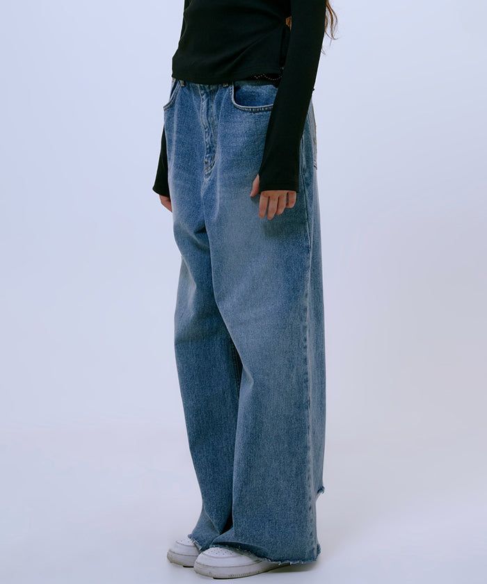 Distressed Wide Denim Pants (BLUE)