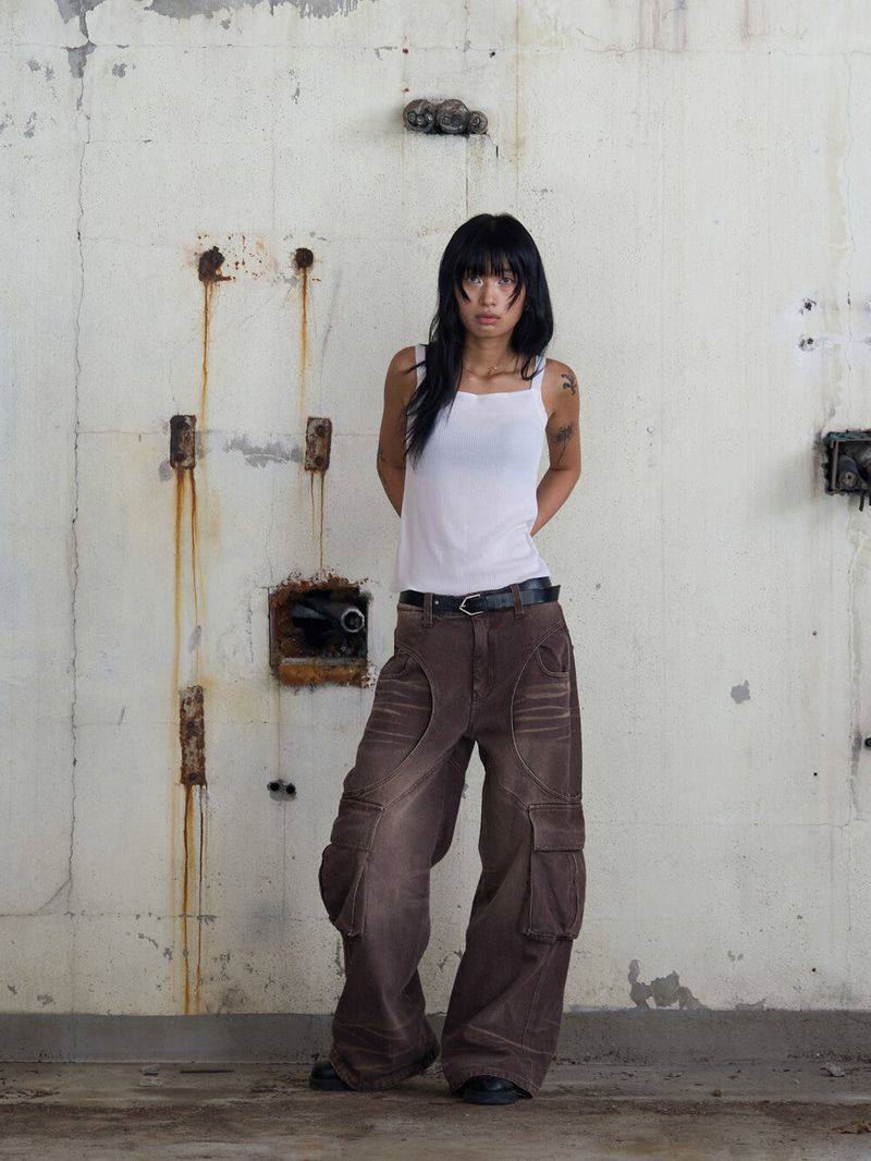 Circle Washing Denim Cargo Pants (Brown)