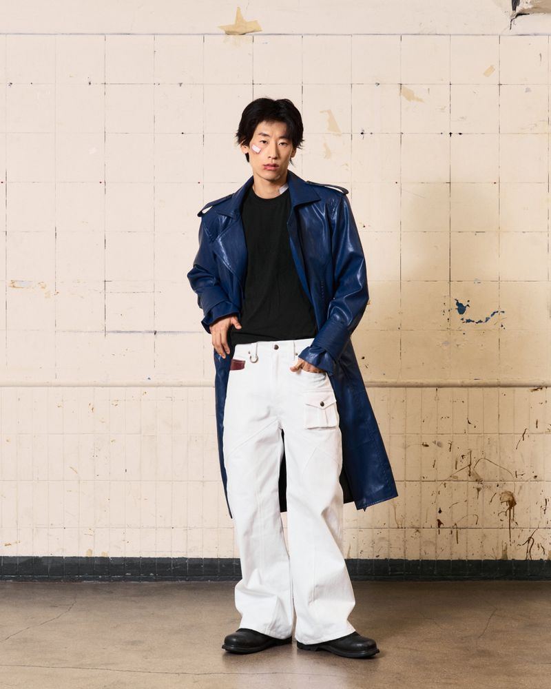 Curved Leather Trench coat (Blue)