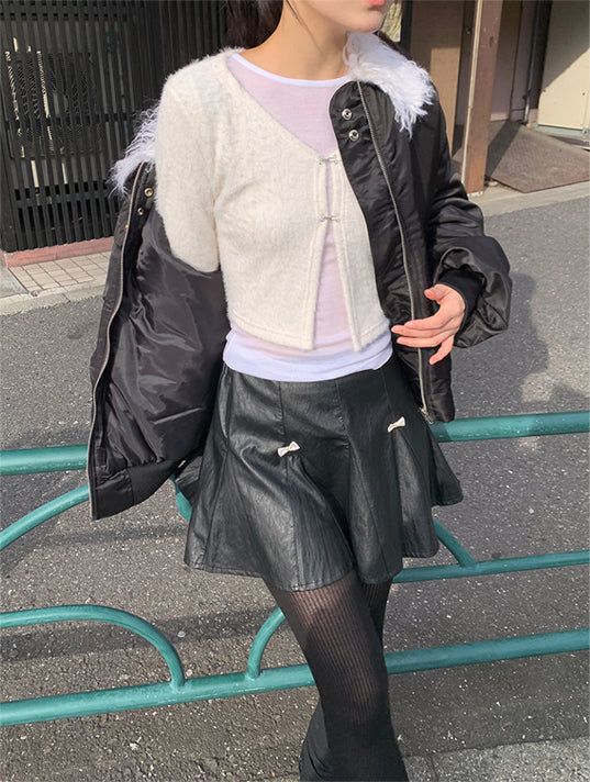RIBBON FLARE LEATHER MINI SKIRT (2C)