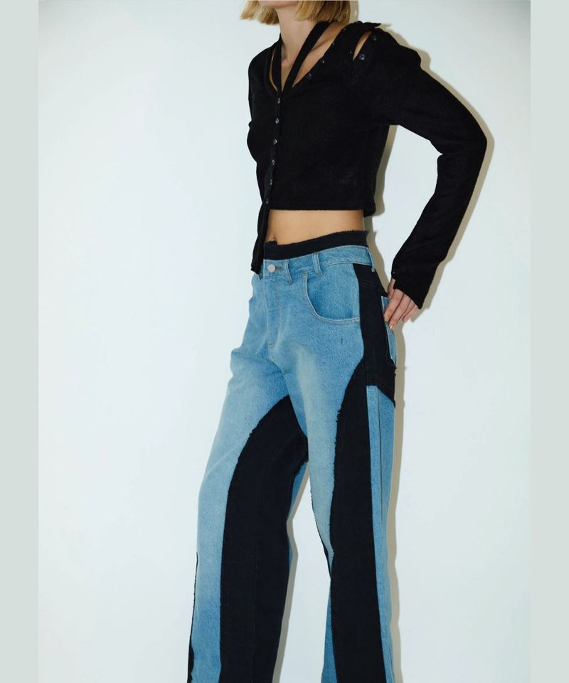 BICOLOR FRAY STRAIGHT PANTS