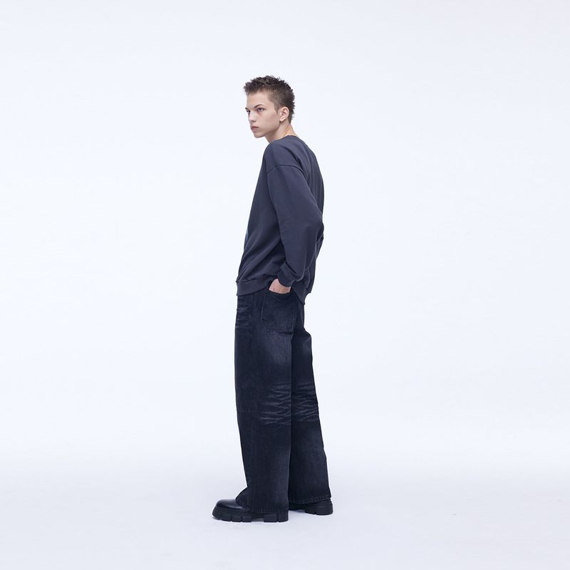 Double Knee Carpenter Wide Denim Pants Black