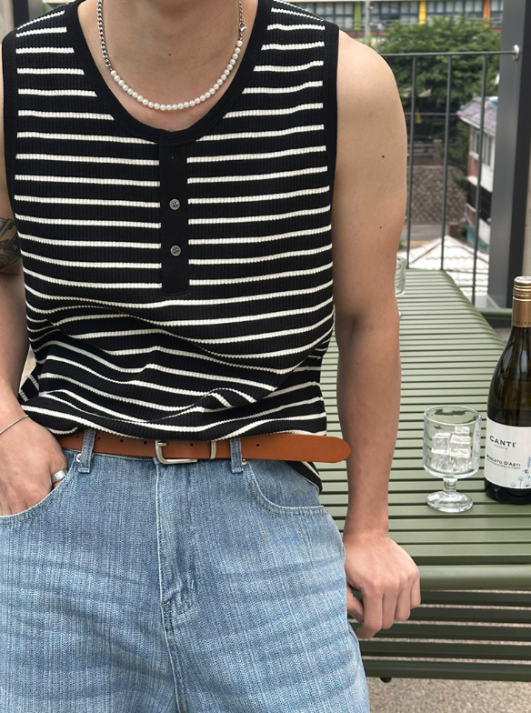[S/S] Stripe henry neck sleeveless(3color)
