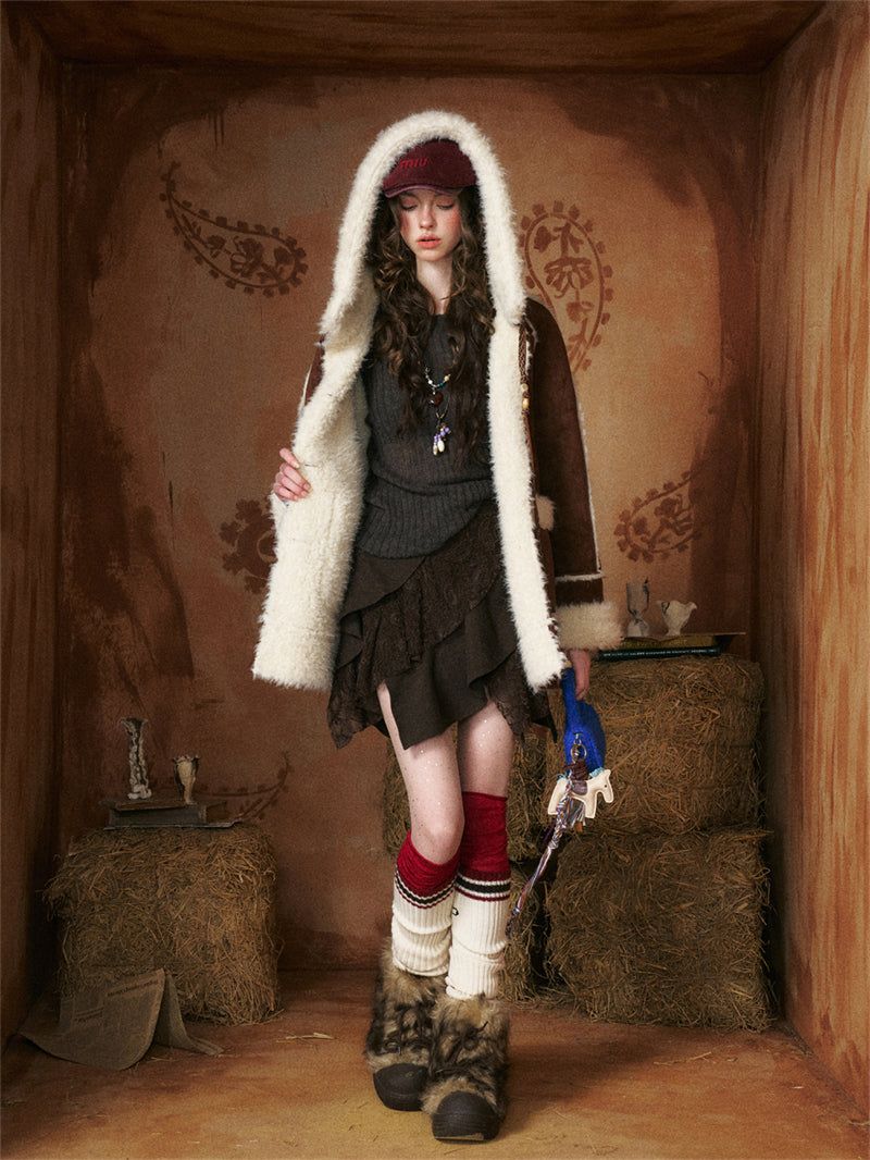 Flower Button Duffle Shearling Coat