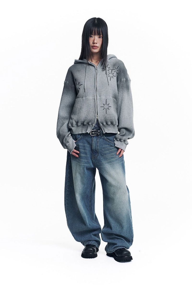 Washed Star Waffle Hooded Zip-Up - Grey