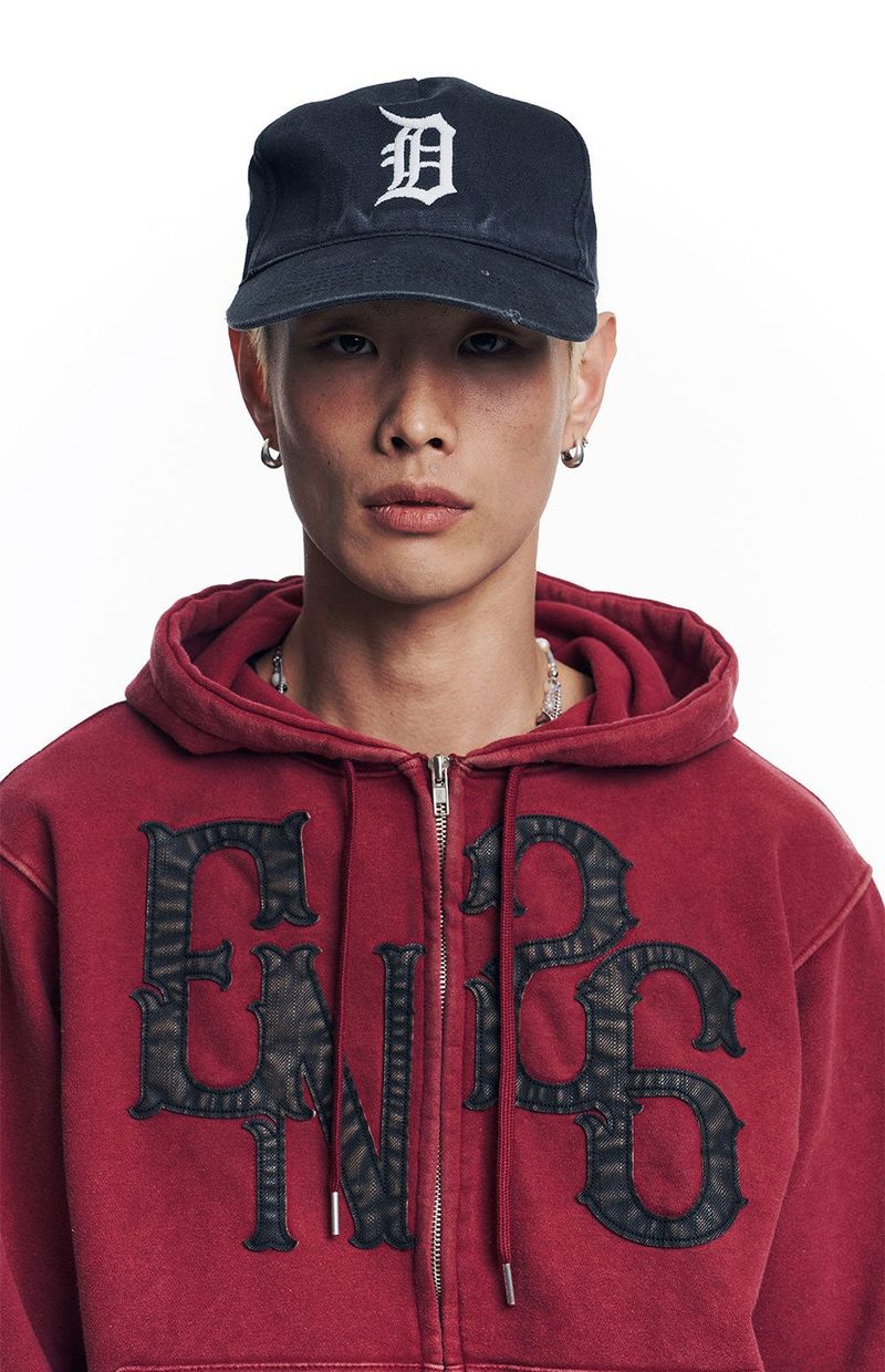 Washed Leather Patch Hooded Zip-Up - Wine