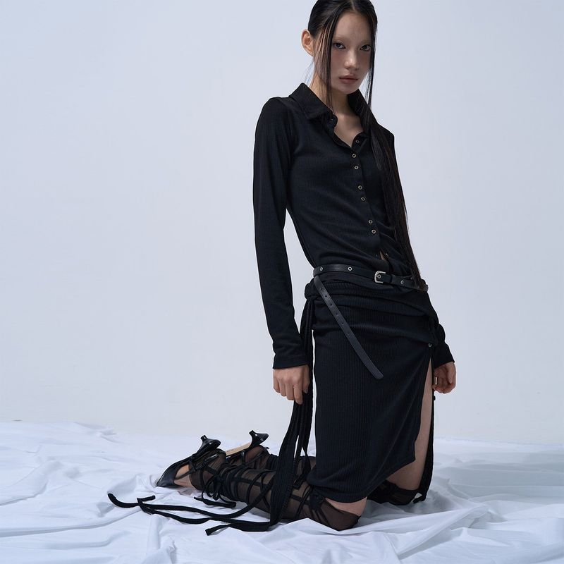 LAYERABLE BUTTON WRAP SKIRT (BLACK)