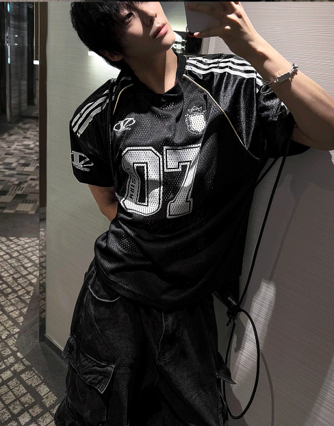 Matte Black & Silver White Mesh Track Short-Sleeve Tee