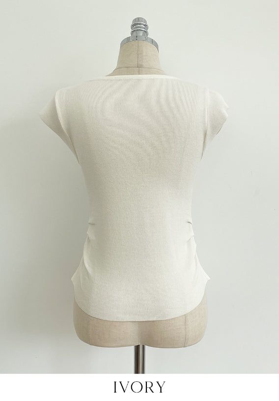 Ezha Square Neck Shirring Cap Sleeve Knit