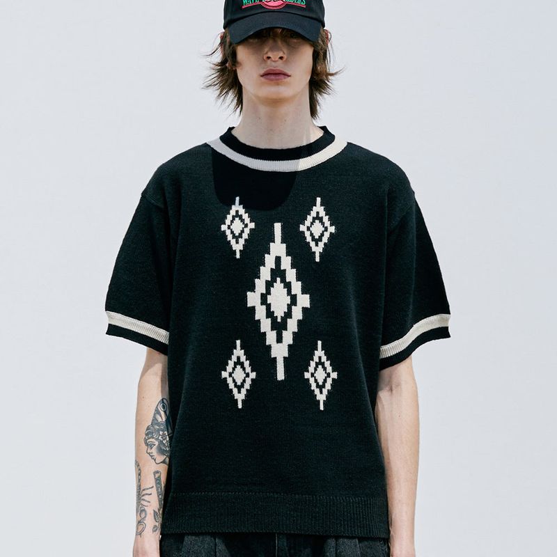 NAVAJO PATTERN RINGER HALF KNIT BLACK