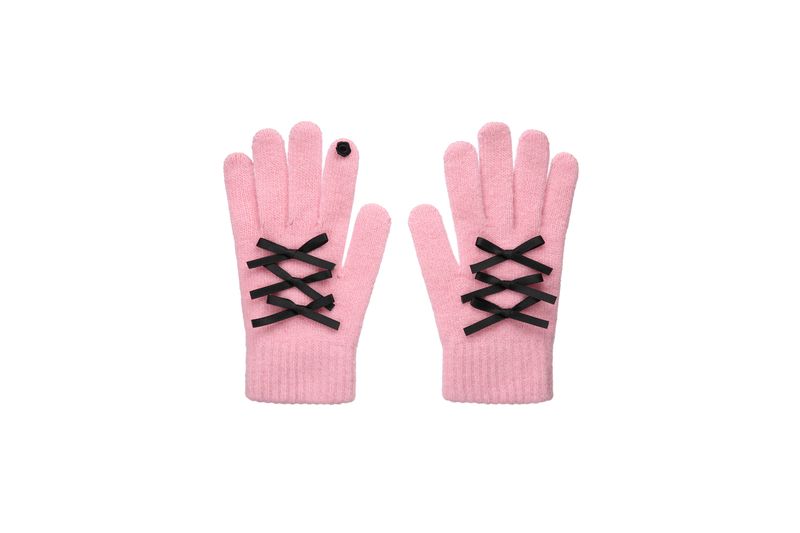 0 4 ribbon knit gloves - PINK