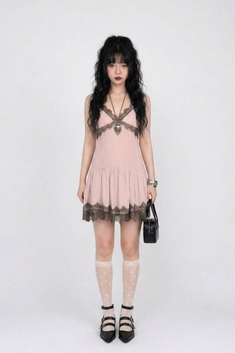 PINKBOM BLUSH LACE MINI DRESS