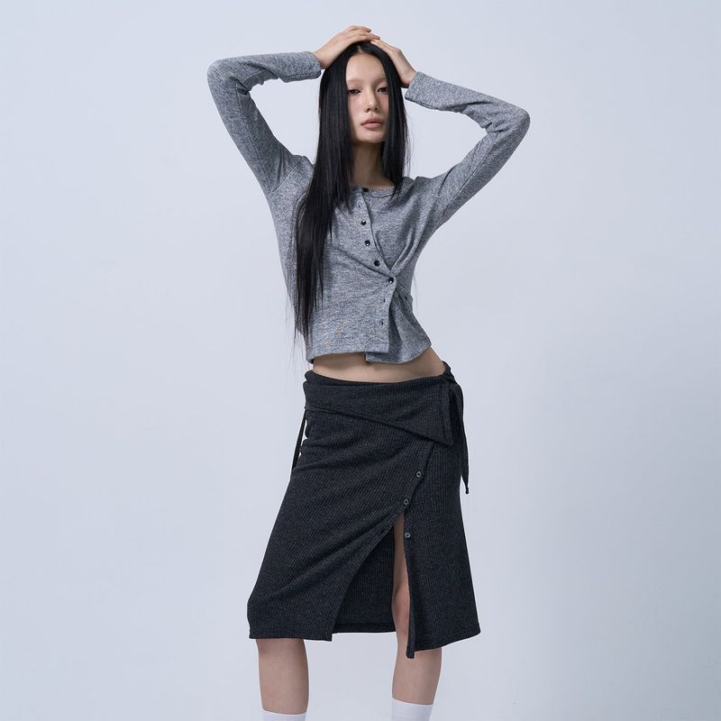 SIDE BUTTON POINT KNIT CARDIGAN (MELANGE GRAY)