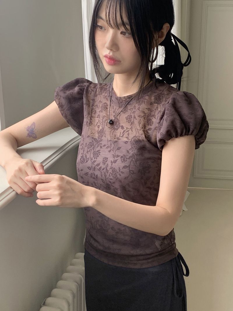 Pere See-Through Flower Puff Short-Sleeved T-Shirt