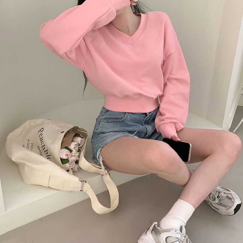 [Bellide made] Pastel V-neck cropped sweatshirt
