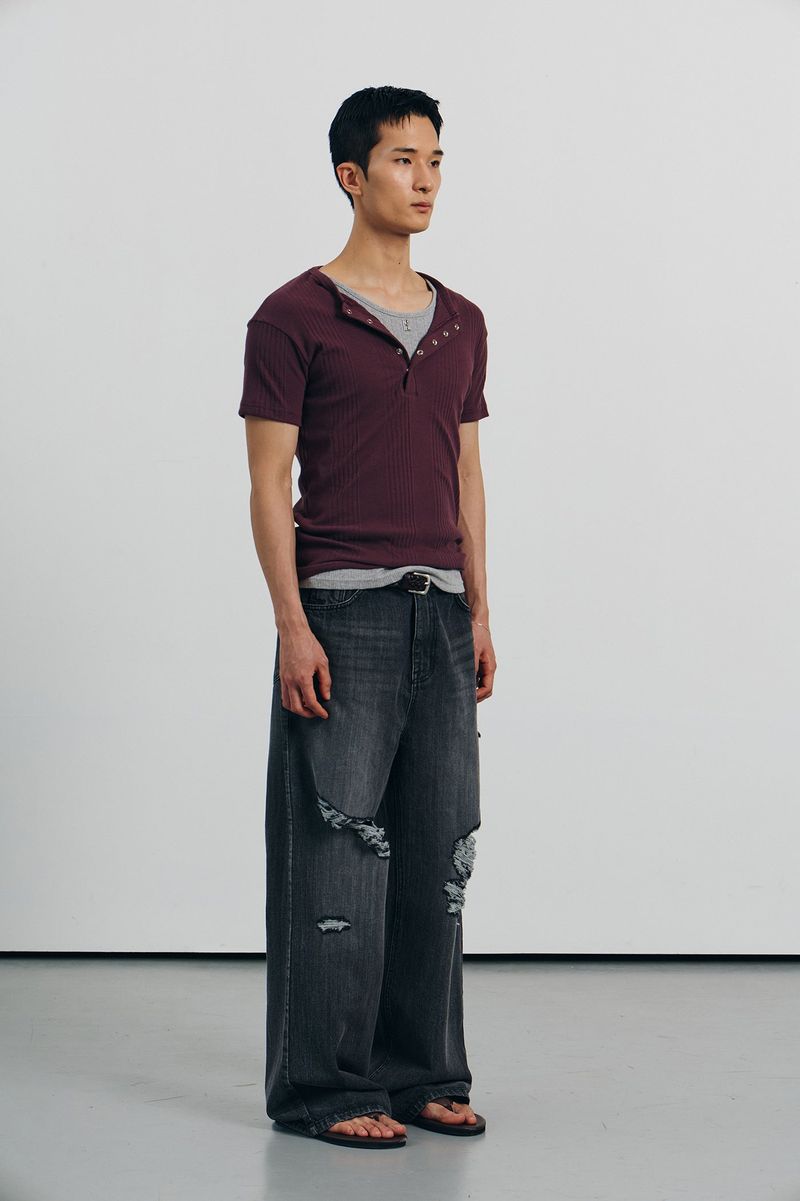 Washed damage wide flare denim pants(Black)