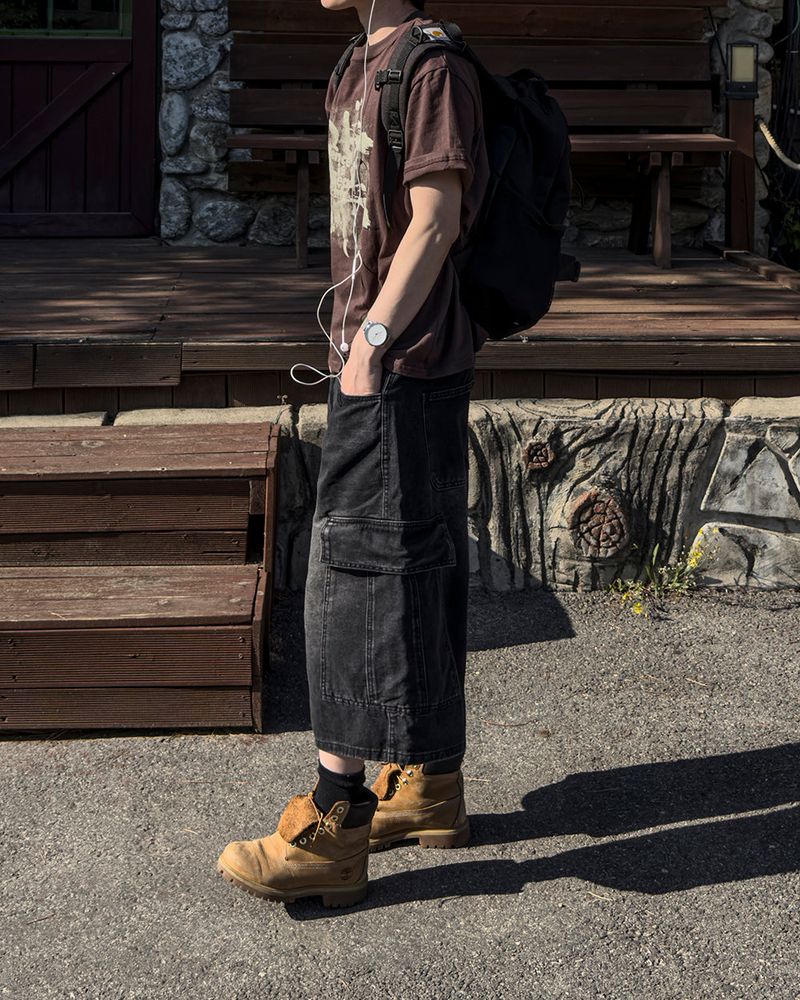 Kazen Washed Cargo Bermuda Denim Pants