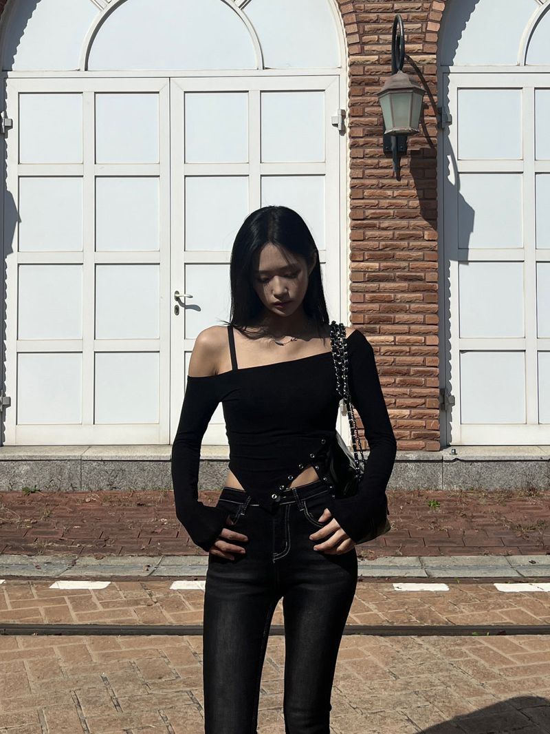 Color combination stitch gradient washed high waist spandex bootcut pants (Black)