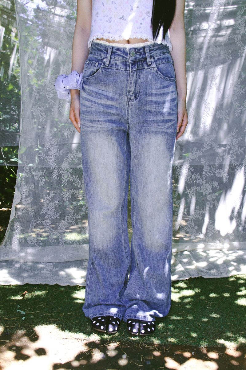 LACE VINTAGE WASHED BOOTCUT DENIM PANTS