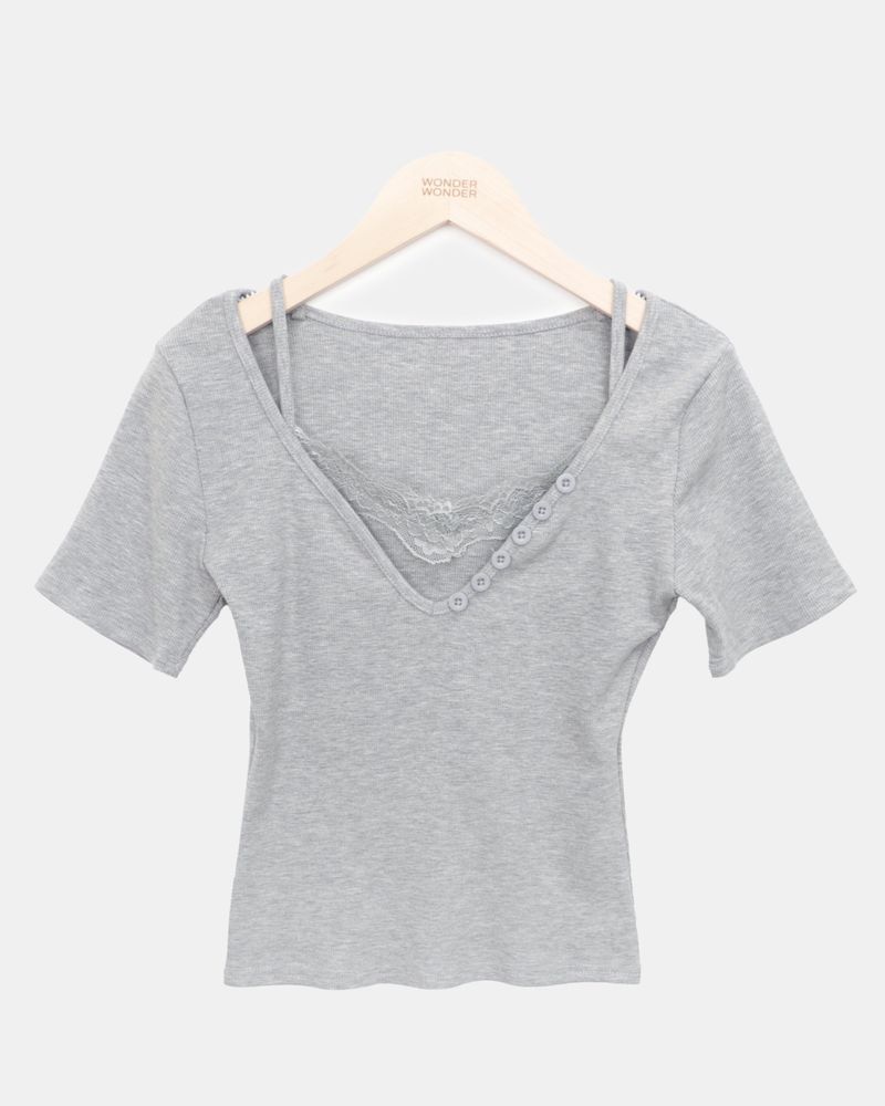 ジュヒン レース ボタン ショートスリーブ Tシャツ