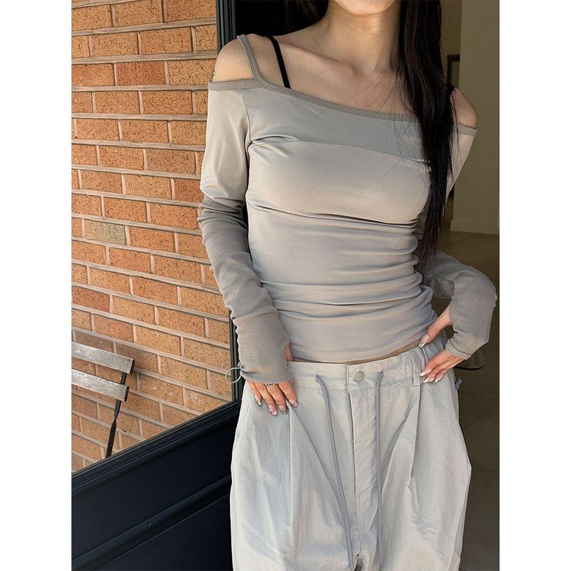 [S/S] Off shoulder shirring long sleeves