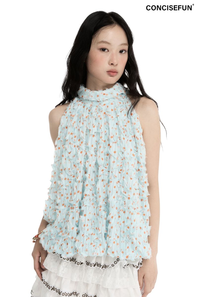 CONFUN（コンファン）の「CONFUN dotted texture three-dimensional fabric folded collar ribbon sleeveless necked flower bud top（Tops）」
