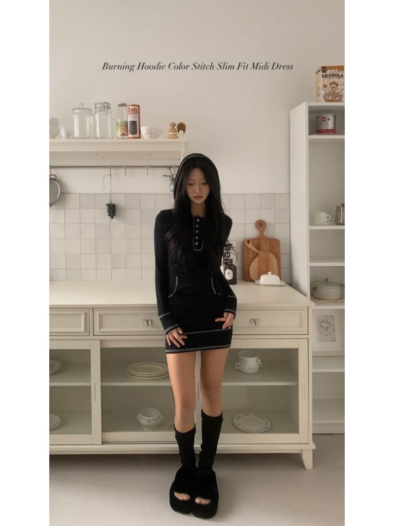 Burning Hood Color Stitch Slim Fit Midi Dress (3 Colors)
