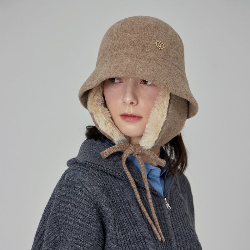 VA Curved Circle Logo Wool Blend Flap Bucket Hat / Beige