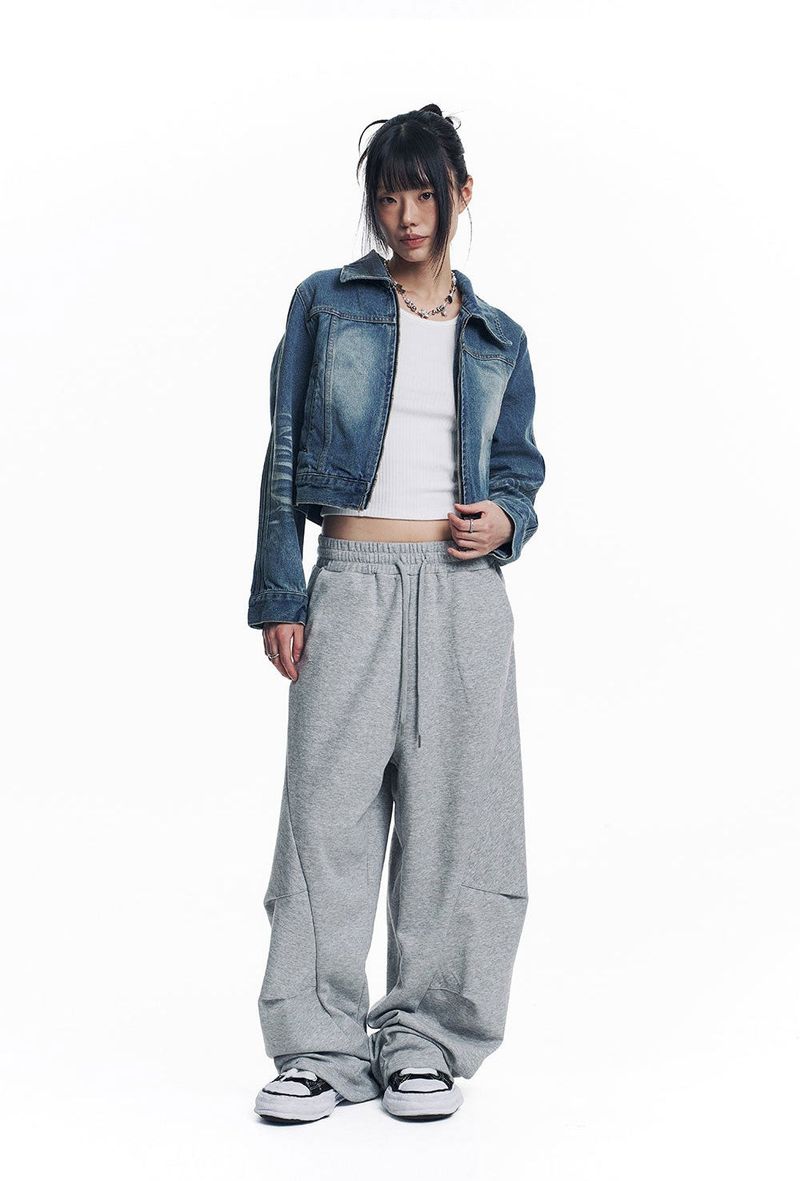 Washed Crop Track Denim Jacket - Deep Blue